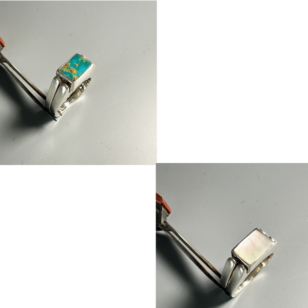 Reversible Rings, Small Mother of Pearl/Blue Tyrone Turquoise in Sterling - Gloria Sawin  Fine Jewelry 