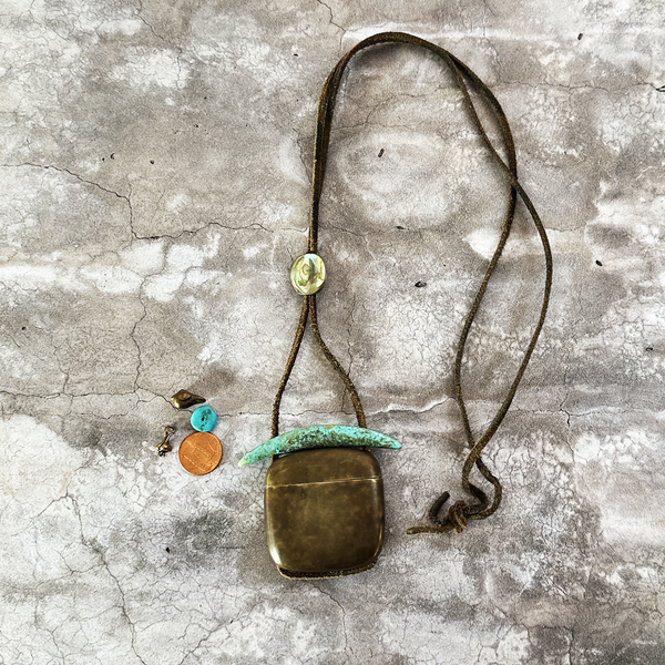 Cajitas, Totem Box Bronze Turquoise and Abalone on Leather Cord - Gloria Sawin  Fine Jewelry 