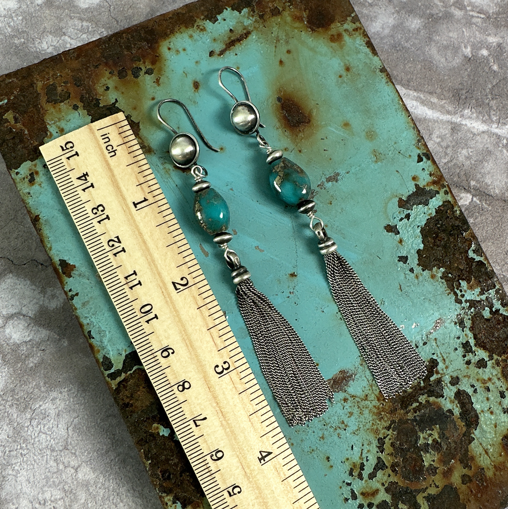Earrings, Turquoise HandCarved Bead with Tassles - Gloria Sawin  Fine Jewelry 