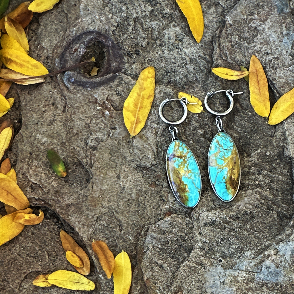 Earrings, Turquoise Oval on Hoops in Sterling - Gloria Sawin  Fine Jewelry 