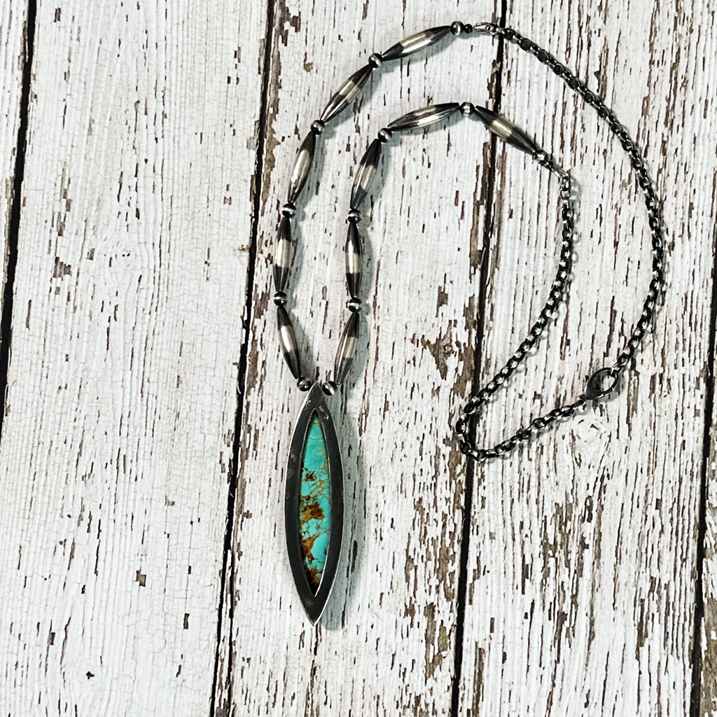 Necklace, Narrow Marquis Tyrone Turquoise on Navajo Pearls - Gloria Sawin  Fine Jewelry 