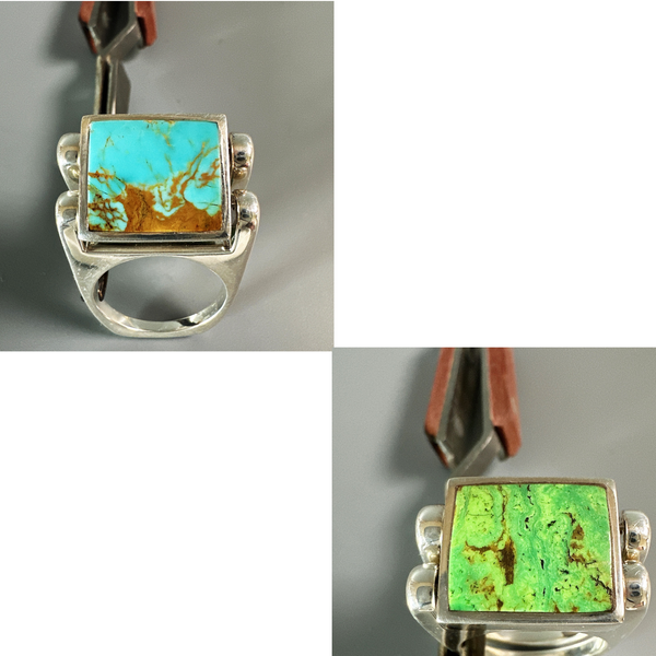 Reversible Rings, Large Style Gaspeite/Tyrone Turquoise in Sterling - Gloria Sawin  Fine Jewelry 