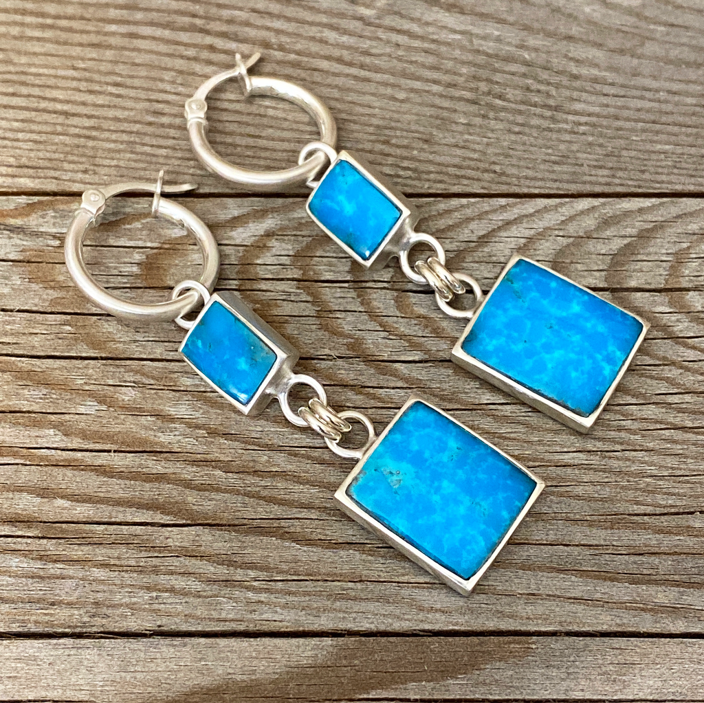 Earring, Turquoise Rectangles on Hoops