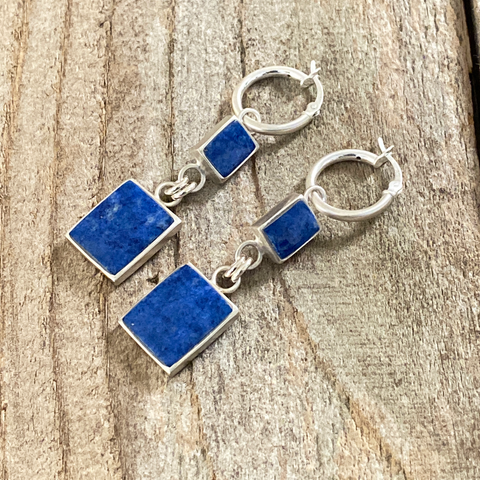 Earring, Lapis Rectangles on Hoops - Gloria Sawin  Fine Jewelry 