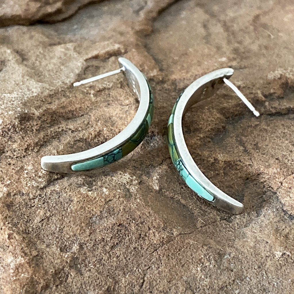 Earrings, Green Turquoise Inlay Half Hoop on posts in Sterling - Gloria Sawin  Fine Jewelry 