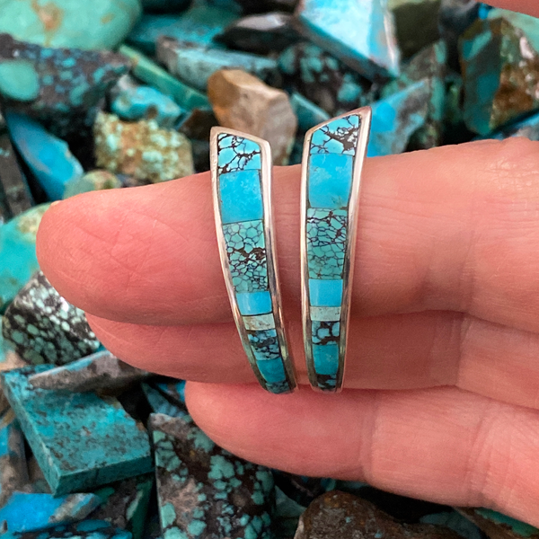 Earrings, Blue Turquoise Inlaid in Sterling with Posts