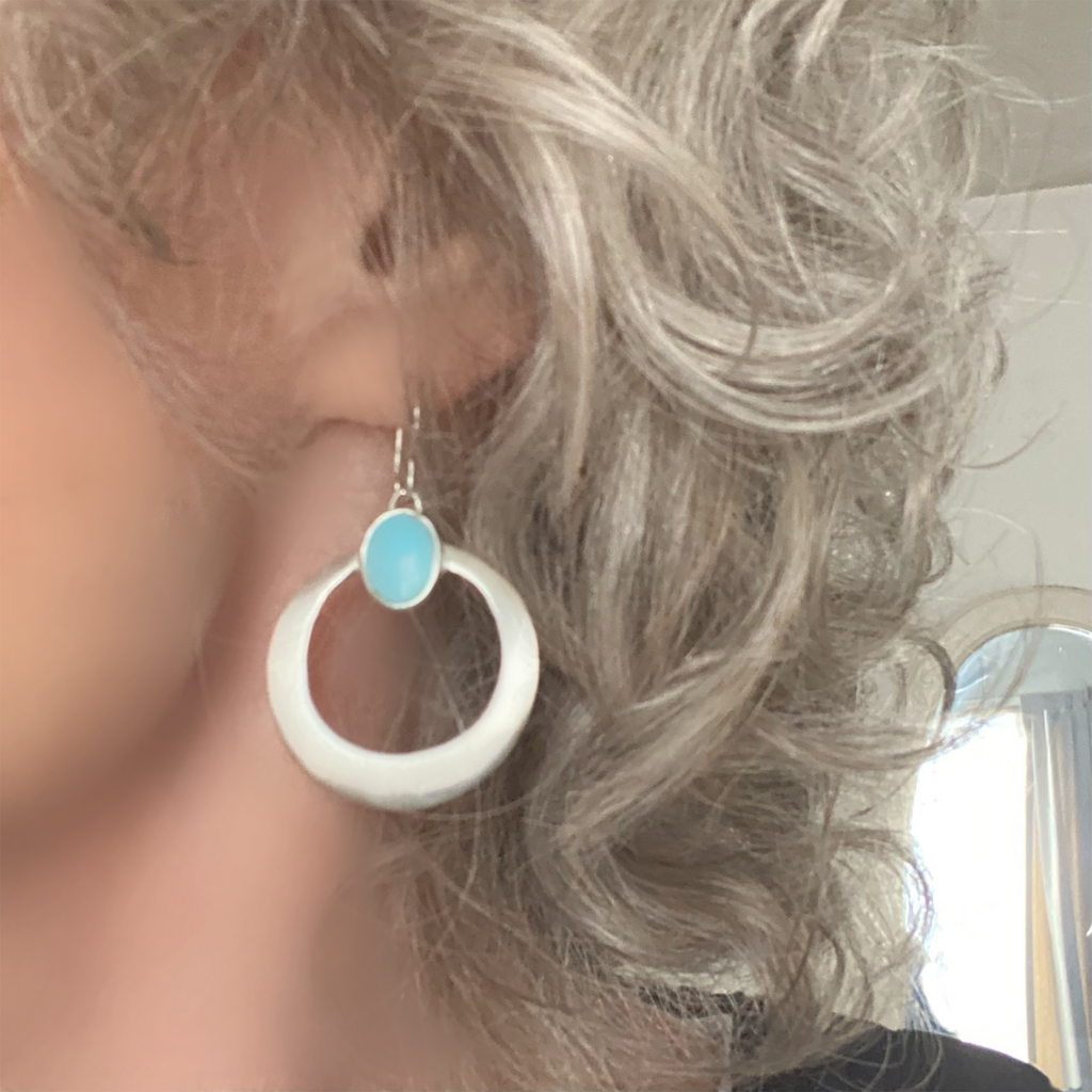 Earring, Turquoise Hoop Cab on French Wires in Sterling - Gloria Sawin  Fine Jewelry 